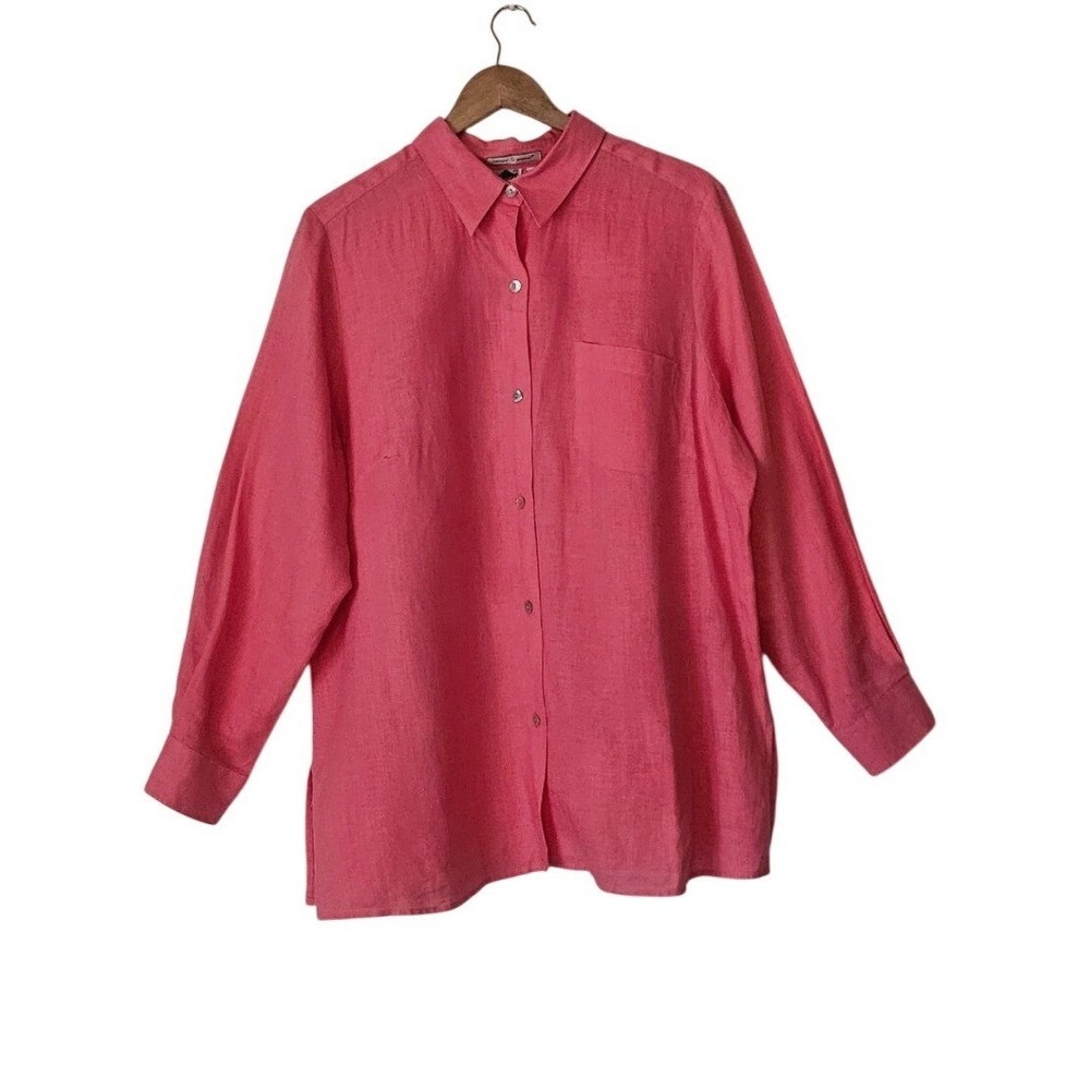 Edward Woman 100% Irish Linen Button Down Shirt Coral Pink Plus Size 1X